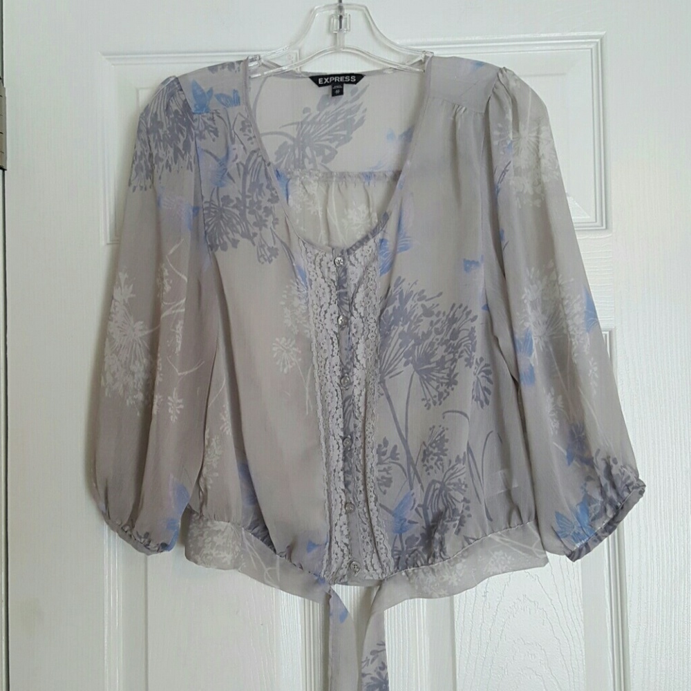 ❤ Express gray blue crop button sheer blouse XS